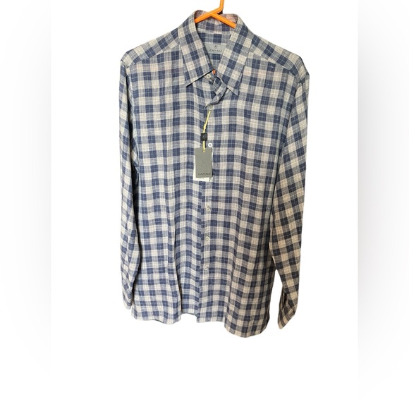 Canali Other - Canali Checked Button Down Shirt Linen Long Sleeve Beige Cream Navy Sz Large NWT
